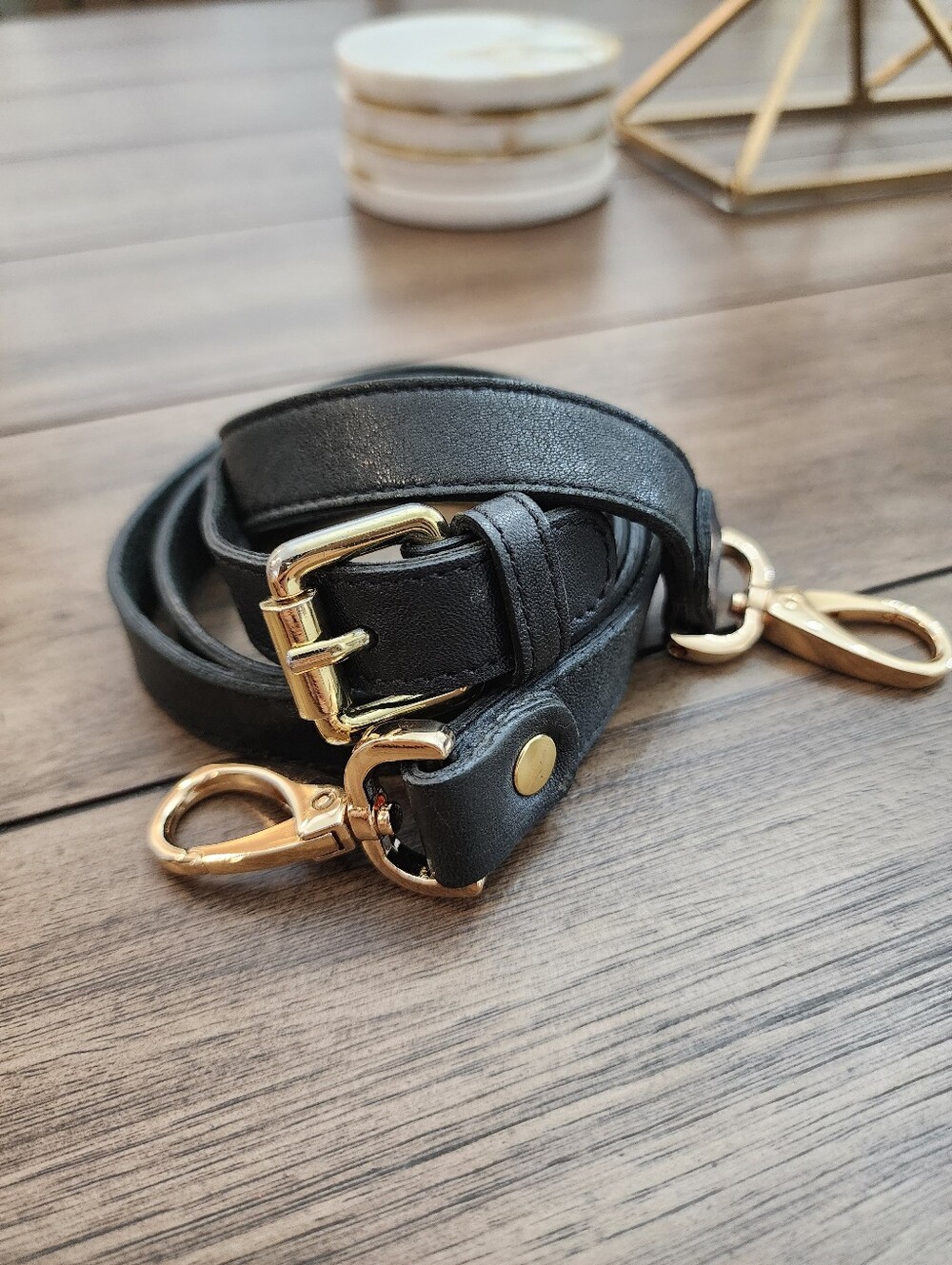 Black Genuine Leather Crossbody Strap with Gold Hardware 48 In Long